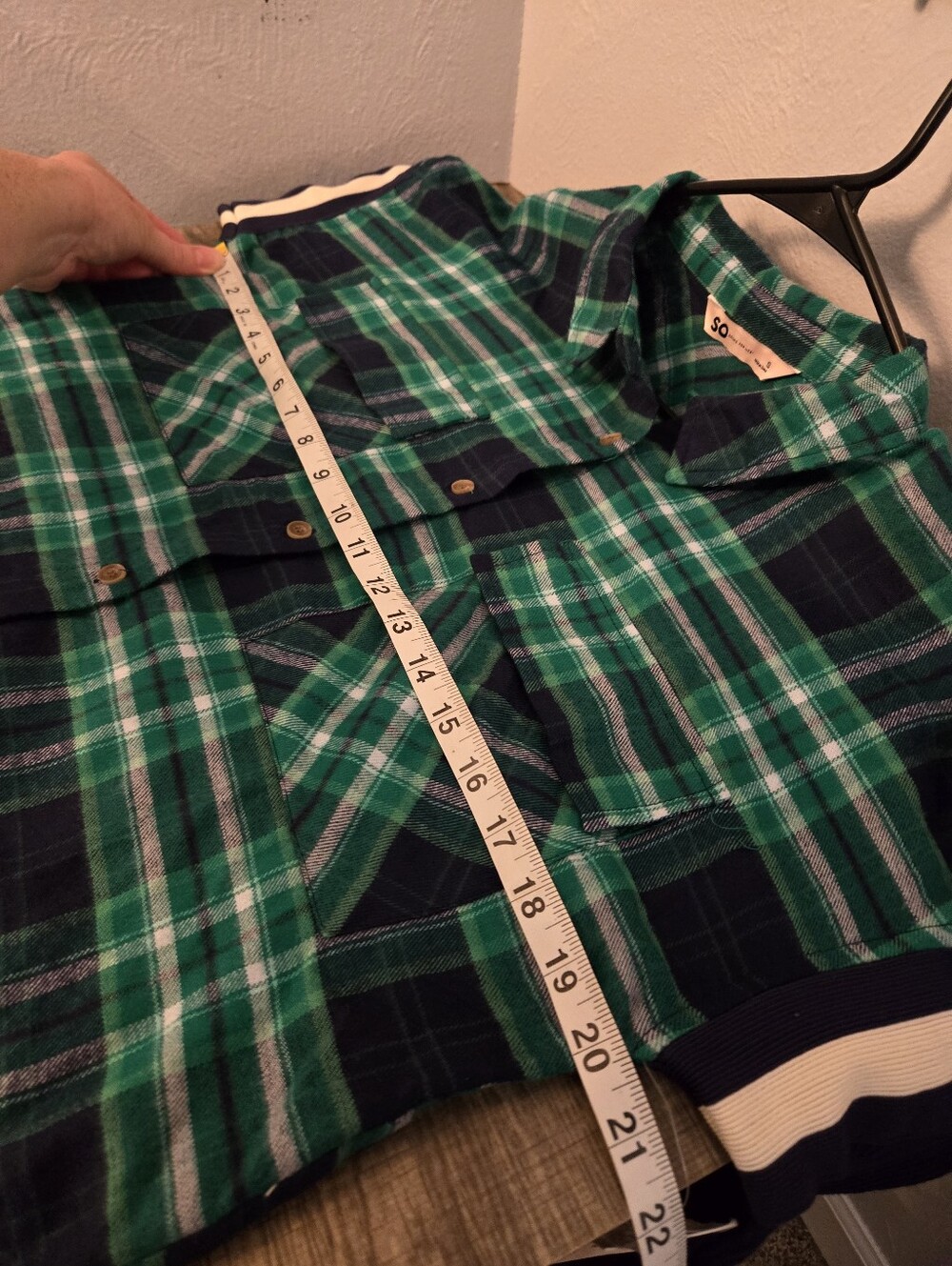 NWT Plaid Green & Blue Button-Up Shirt with Navy Flannel Sleeves, Size Juniors S - Picture 11 of 14